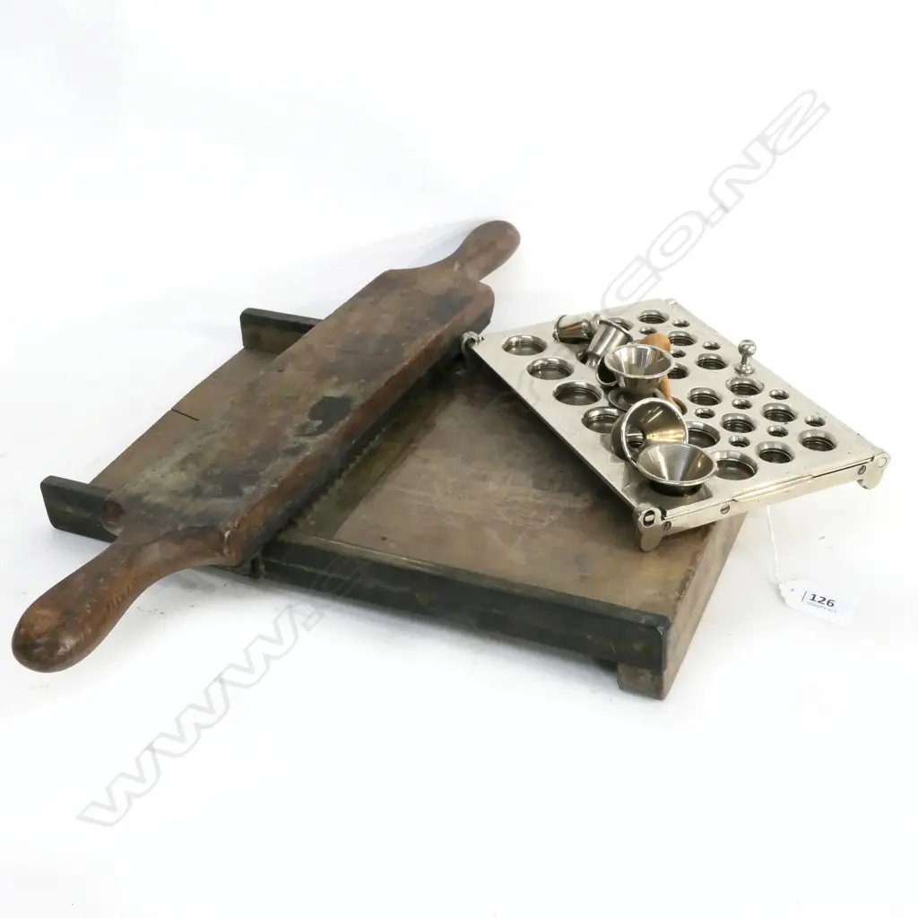 S MAY & SON, LONDON 5 GRAIN PILL ROLLER, MAHOGANY & BRASS. L.330mm & CHROME 3-FOLD CACHET-MAKING MACHINE... Image 1++