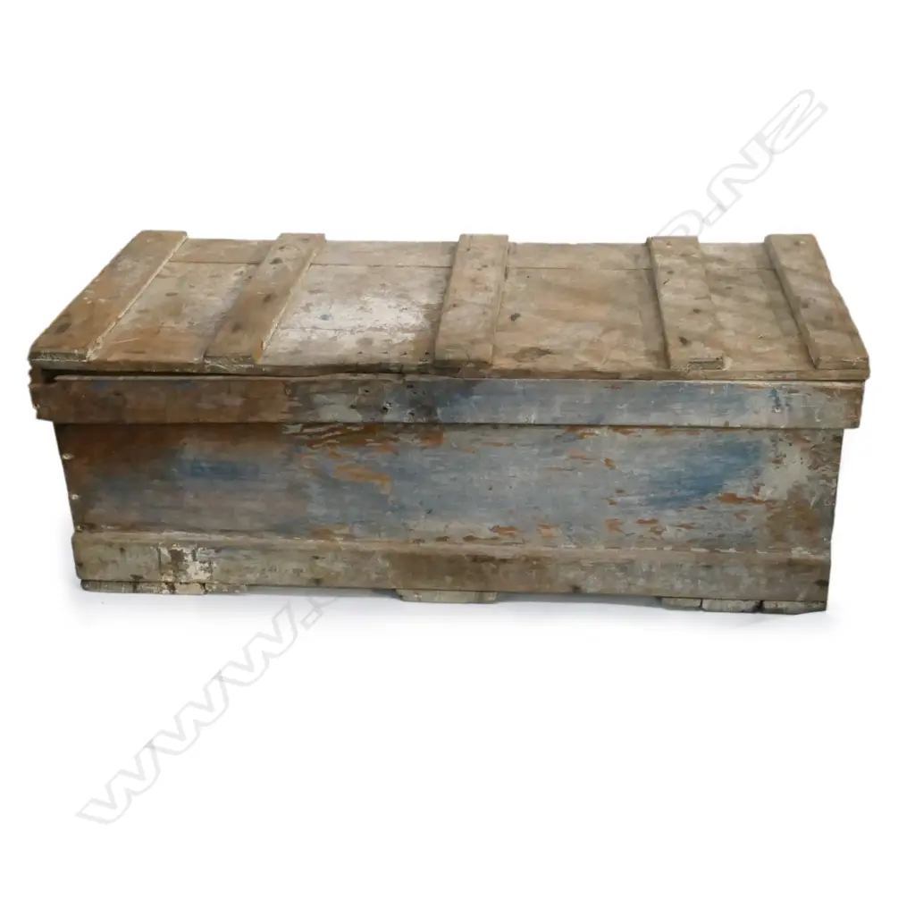 SEAMAN'S FOOTLOCKER, OLD PAINT FINISH. BLOCK HANDLES LACKING ROPE TO ONE SIDE Image 1++