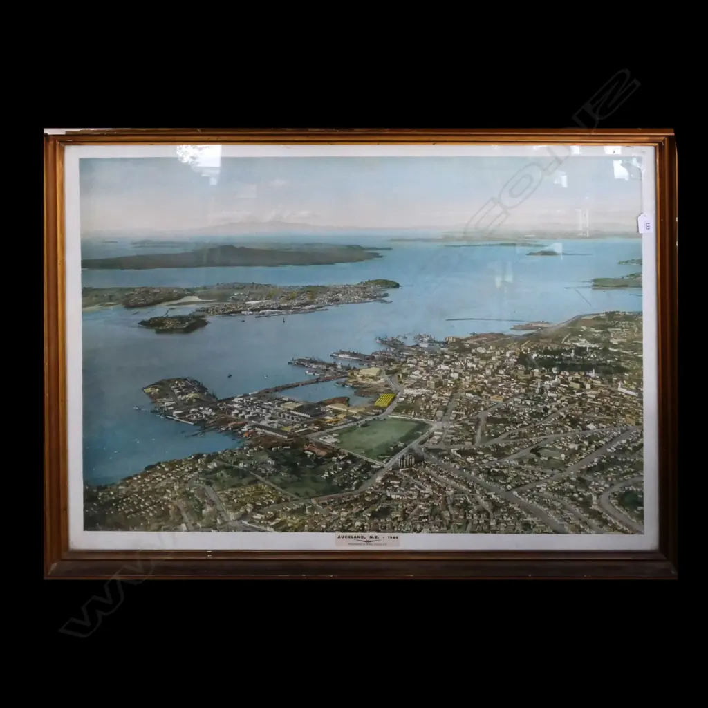 LGE HAND/COL WHITES AVIATION PHOTO, AUCKLAND WESTHAVEN TOWARDS DEVONPORT AND RANGITOTO. 1946. FRAME DAMAGED. 970x 730mm Image 1++