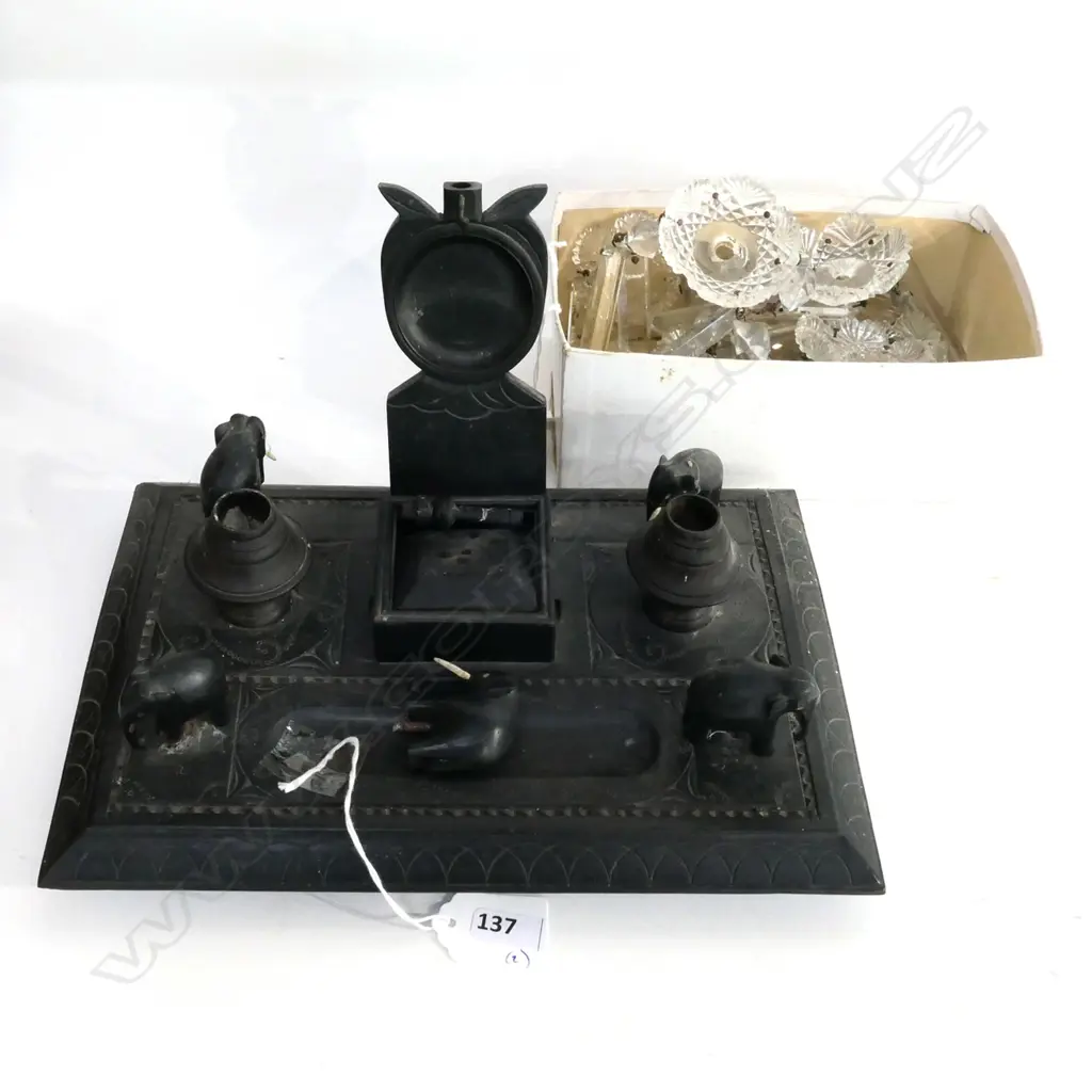 INDIAN EBONY DESK STAND (FAULTS) L.260mm & CANDELABRA CRYSTAL DROPS Image 1++