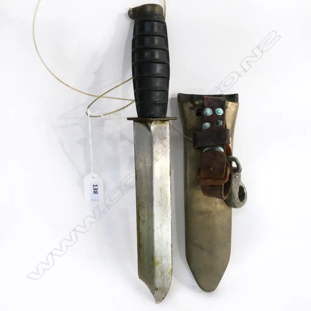 VINTAGE RUBBER HANDLED DIVER'S KNIFE, IN BRONZE SCABBARD w LEATHER HANGER. SINGLE EDGE BLADE w CLIPPED POINT. L.320mm Image 1++