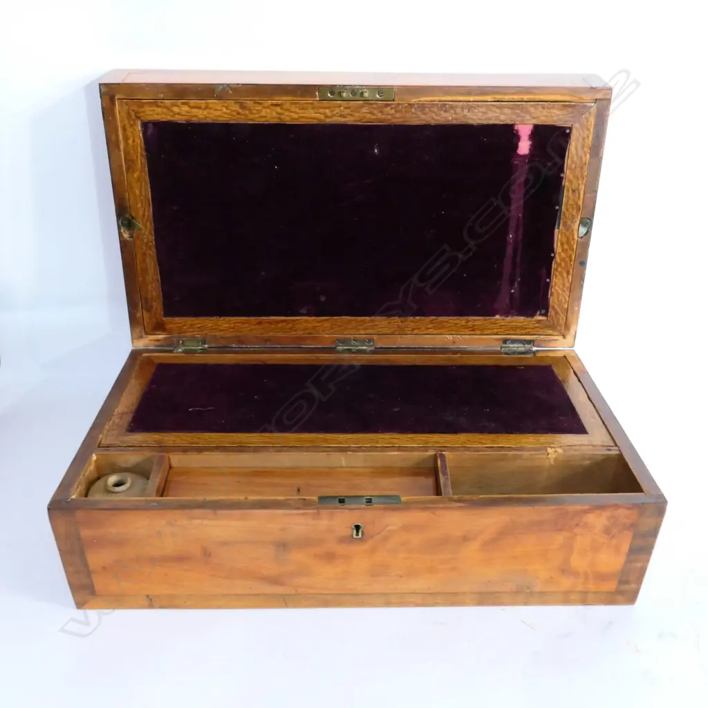 NZ COLONIAL FIGURED KAURI & PURIRI EDGED WRITING SLOPE, w REAREWA INTERIOR. W.470mm Image 1++