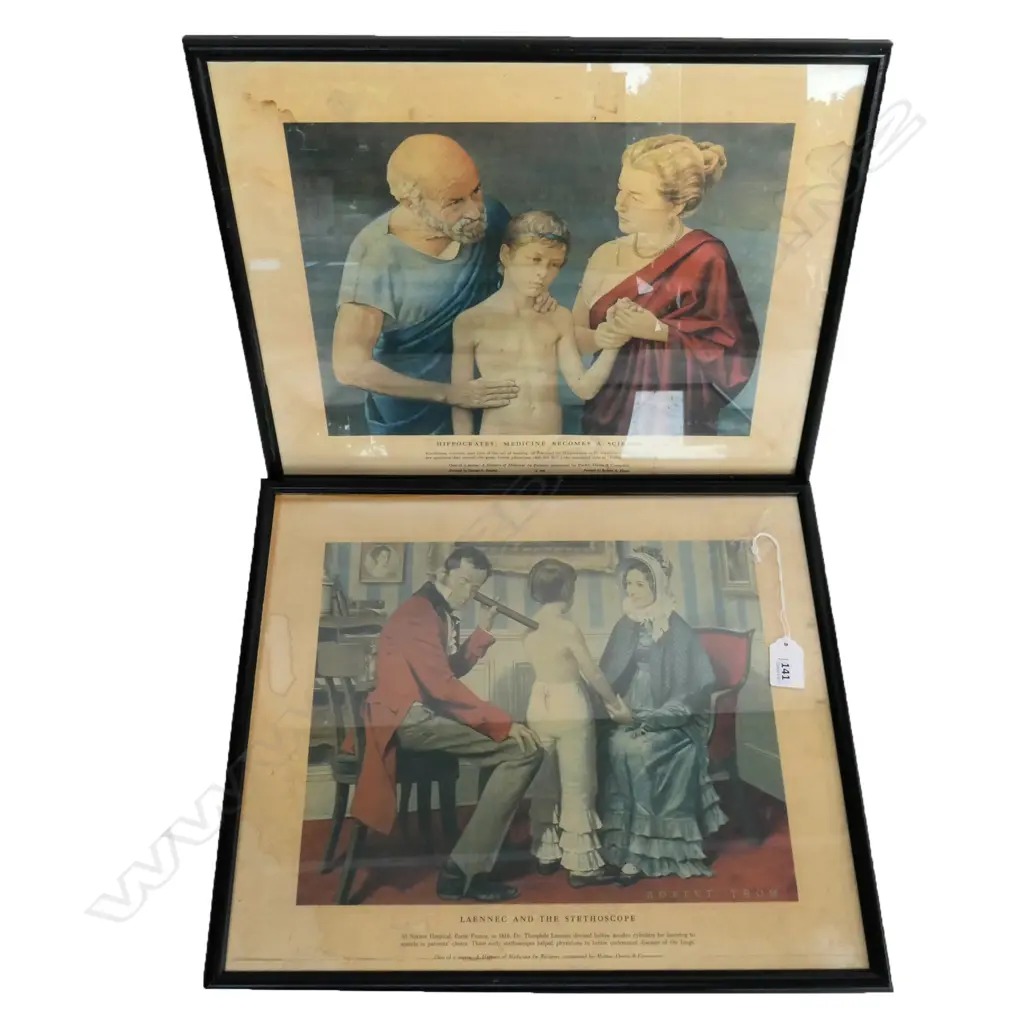 2 FRAMED COLOUR LITHOS OF HISTORICAL MEDICAL PRACTICE, 1958. AF. 400 x 330mm Image 1++