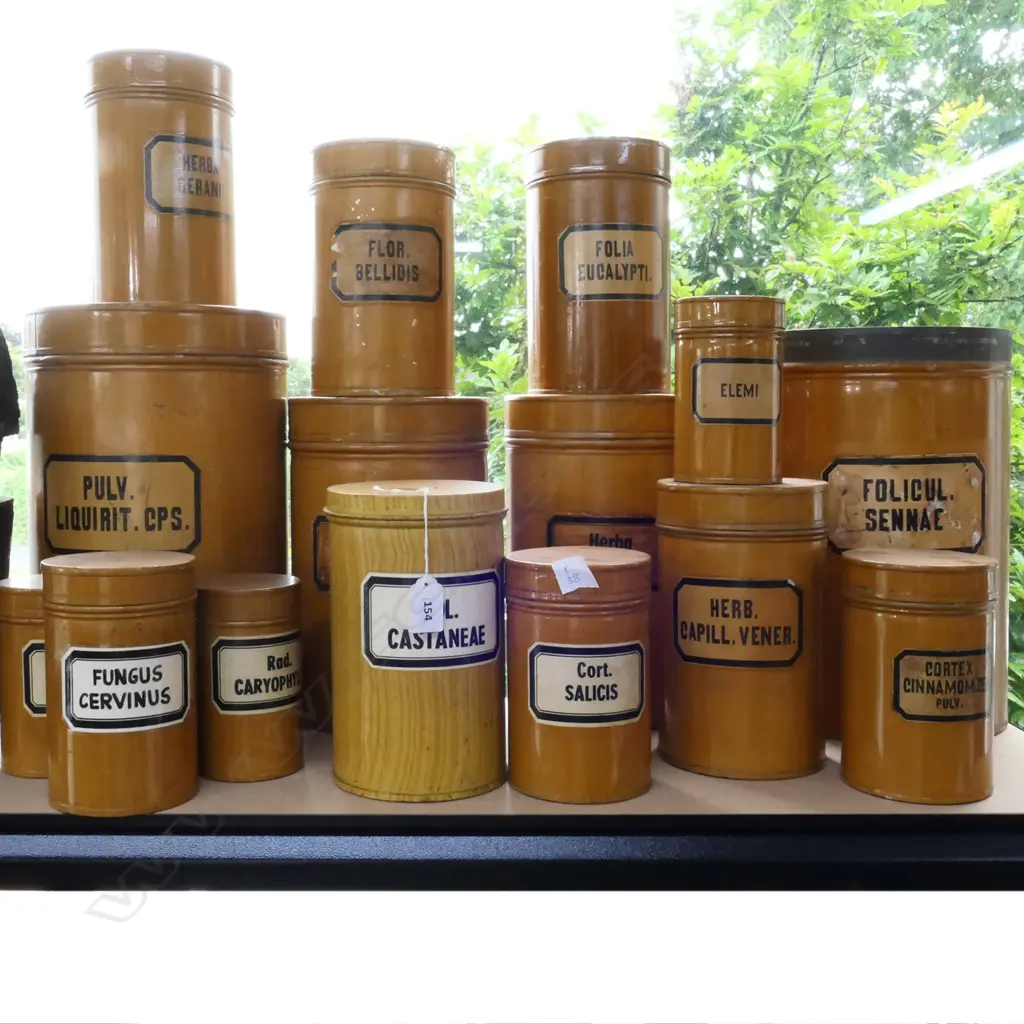(P38) 15 METAL DRUG CONTAINERS, VARIED SIZES, FAUX GRAIN PAINTED. GERMAN. TALLEST 330mm Image 1++
