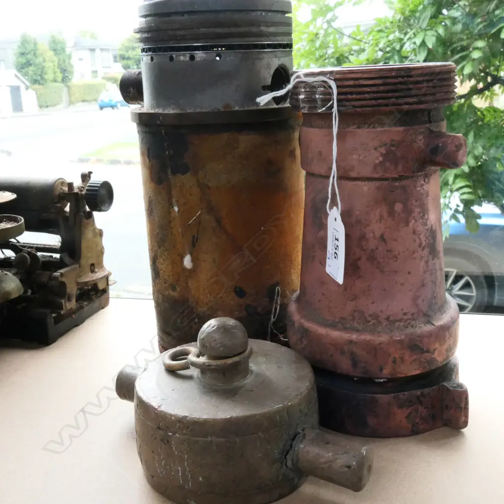 VINTAGE PISTON & TWO BRONZE FIRE HOSE FITTINGS Image 1++