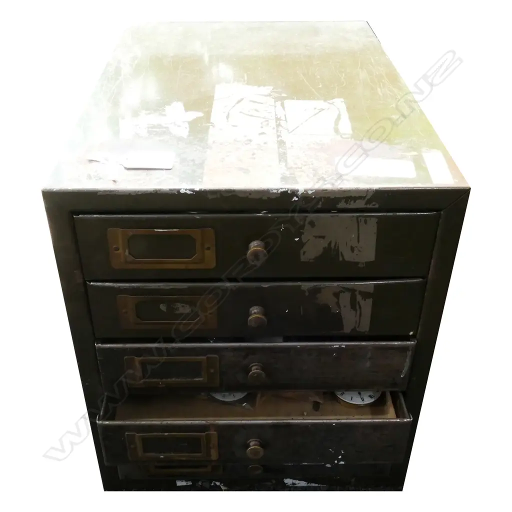 (H28) 5 DRAWER FILER WITH VARIOUS WATCHMAKERS' PARTS. L.380mm Image 1++