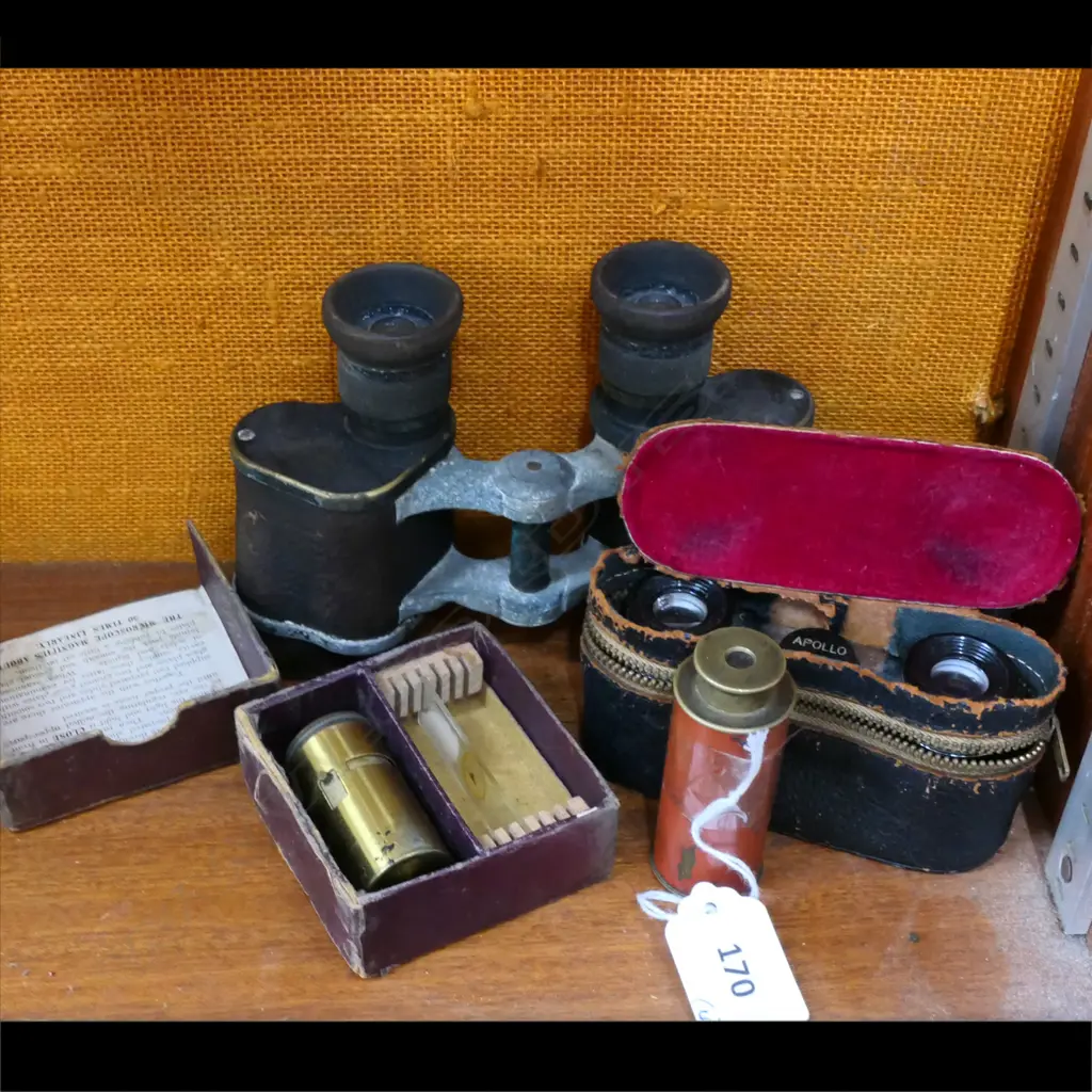FIELD GLASSES; CASED OPERA GLASSES & EDWARDIAN MONOCULAR MICROSCOPE & POCKET TELESCOPE Image 1++