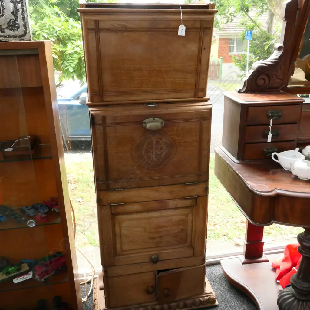 (M57) EARLY 20thC SHIP'S CABIN COMPACTUM w N.S.Co CARVED CYPHER (SCREWED SHUT). H.1360mm Image 1++