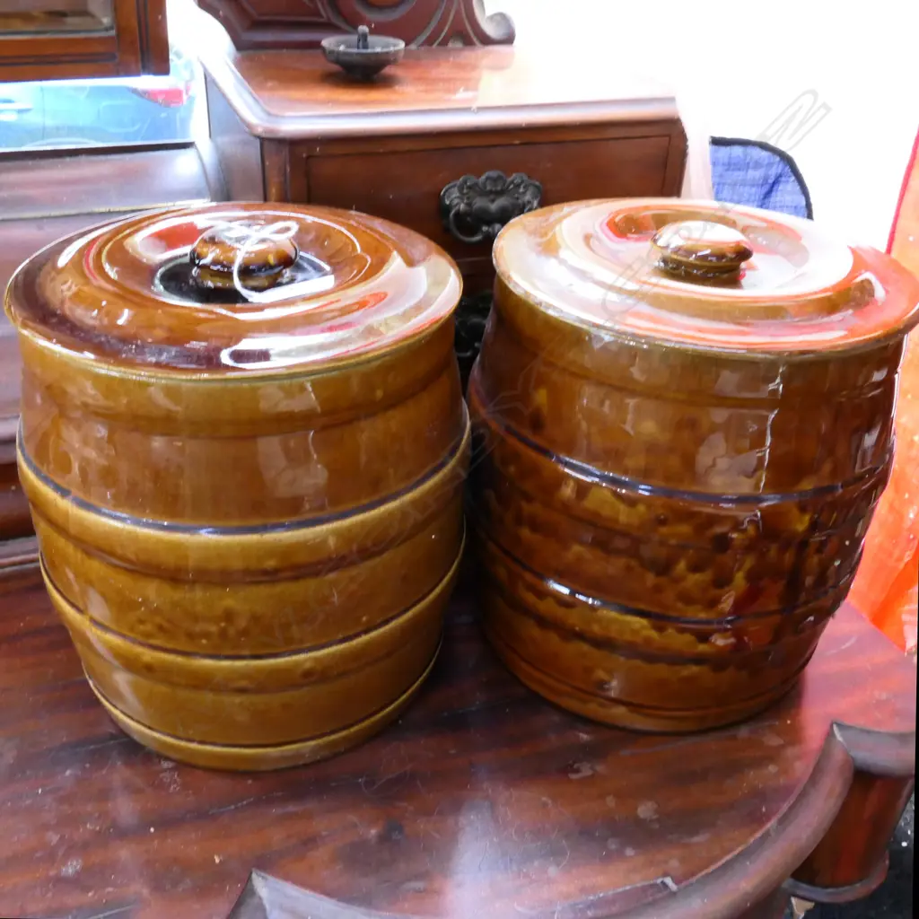 2 LIDDED SALT GLAZE CROCKS. H.220mm Image 1++