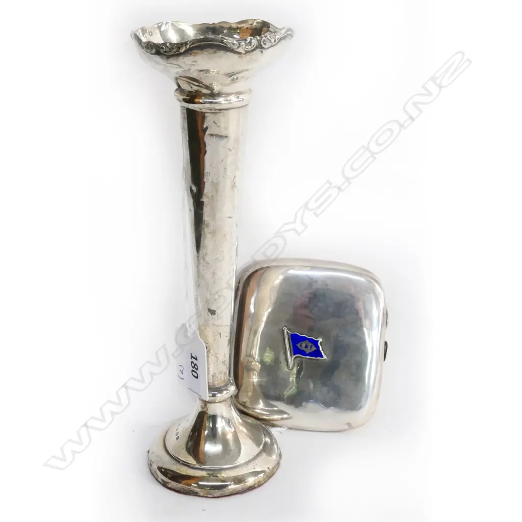 STERLING SILVER SPILL VASE & ELDERS AND FYFFES LTD. LOGO SILVER CIGARETTE CASE, BIRMINGHAM 1913 Image 1++