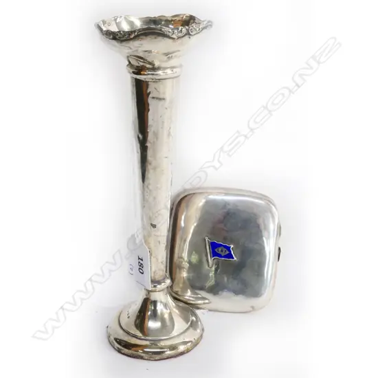 STERLING SILVER SPILL VASE & ELDERS AND FYFFES LTD. LOGO SILVER CIGARETTE CASE, BIRMINGHAM 1913