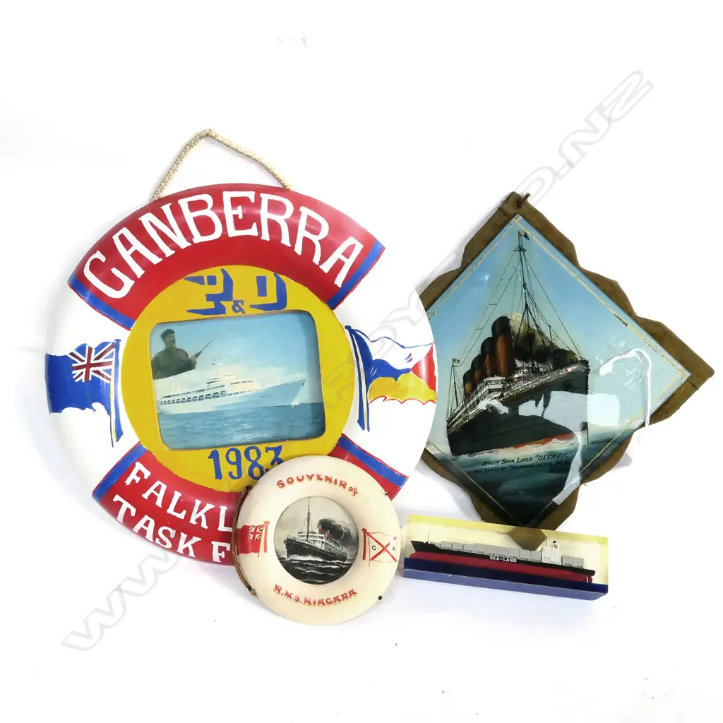 1983 FALKLANDS TASK FORCE 'CANBERRA' PAINTED LIFEBOUY FRAME, Dia.280mm, TOGETHER w AREVERSE PAINTED GLASS PICTURE OF THE Image 1++