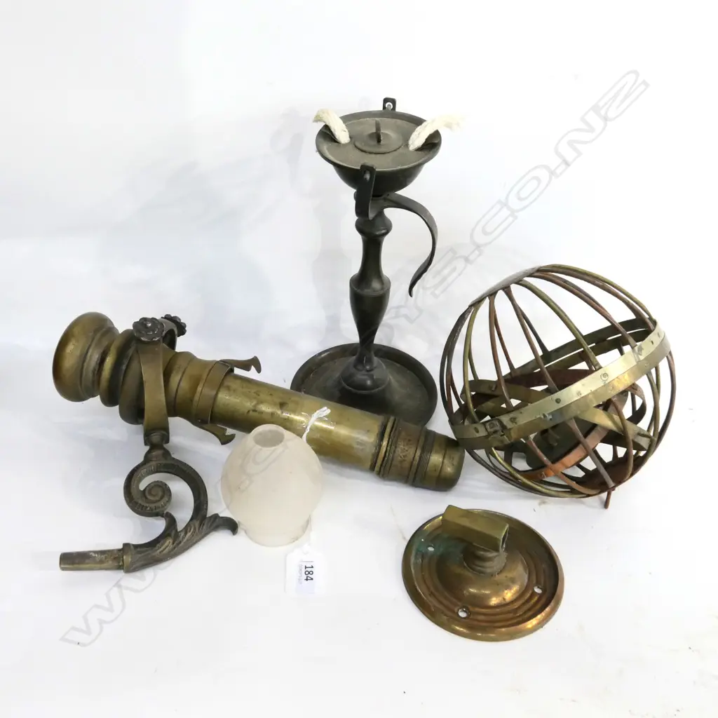 (M79) CANDLE LAMP ON GIMBAL w WALL BRACKET & ASSOCIATED SHADE; GIMBALL SPHERE LAMP & BRASS GIMBALLED CHAMBERSTICK LAMP Image 1++