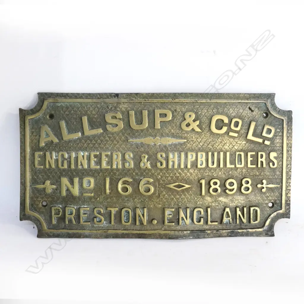 (M62) BRASS 'ALLSUP & Co. ENGINEERS & SHIPBUILDERS, No.166 - 1898' ' PLAQUE. L.370mm Image 1++