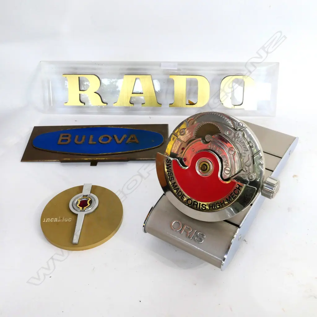 3 ADVERTISING WATCH COMPANY PLAQUES . L.350mm & ORIS BATT OPERATED WATCH MOVT DISPLAY Image 1++