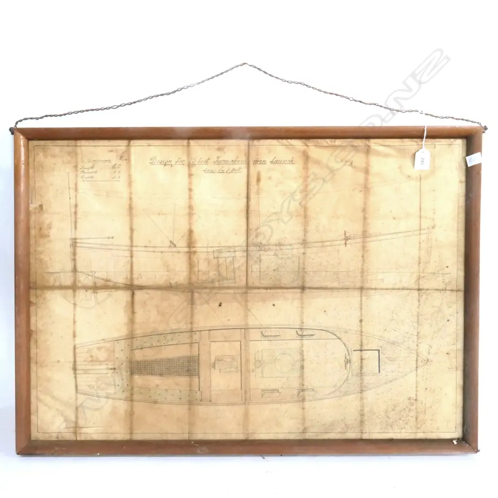 (M63) DESIGN DRAWING ON LINEN FOR THE '25 FOOT TURNABOUT LAUNCH' DISTRESSED. 800 x 570mm Image 1++