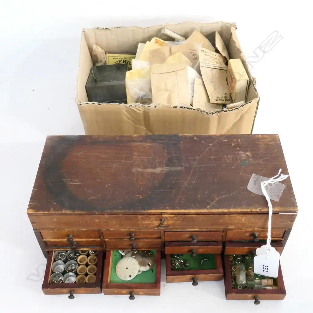 MINATURE CHEST (W.270mm) w WATCHMAKER'S PARTS & BOX SUNDRY WATCHMAKERS PARTS Image 1++