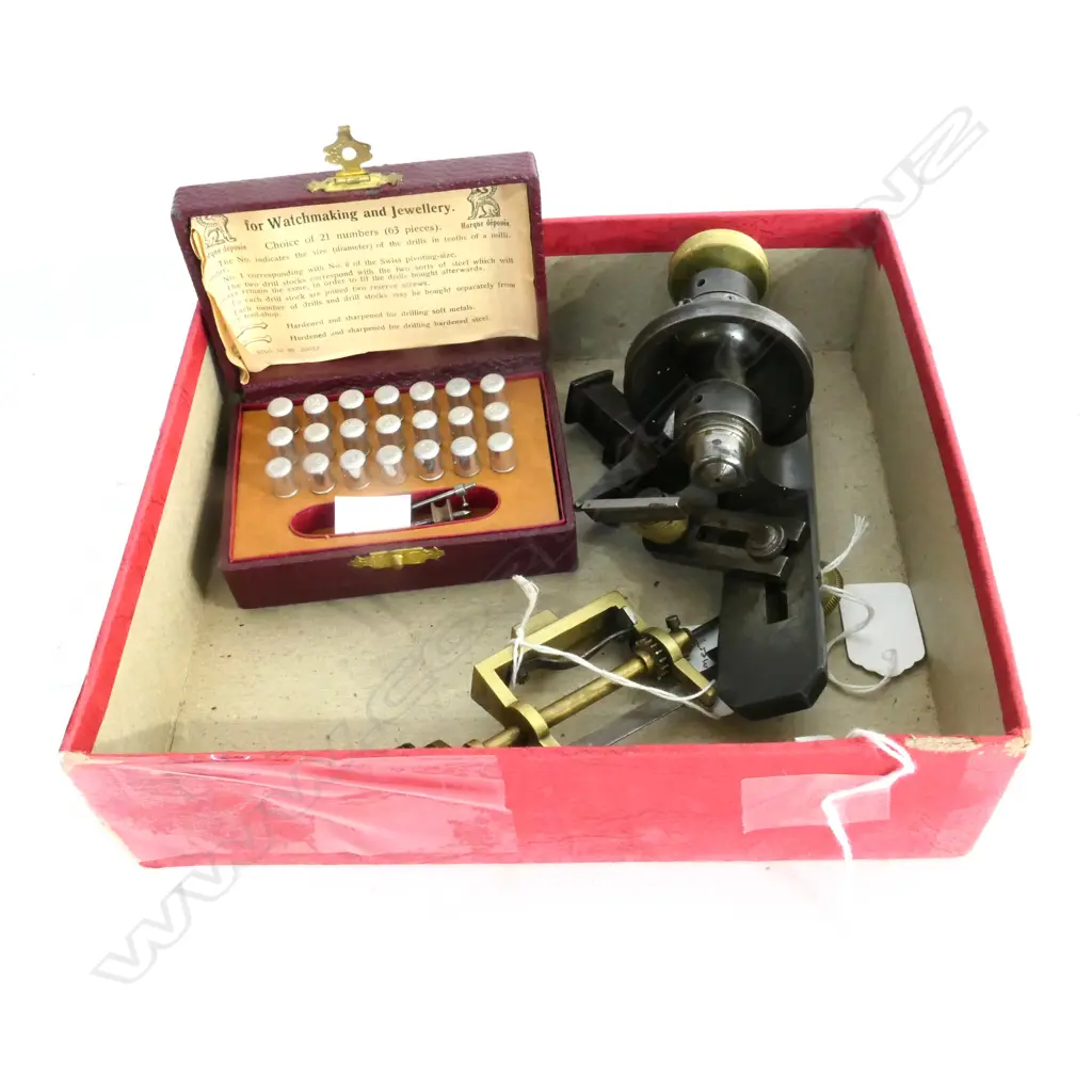 WATCHMAKER'S LATHE, MINI ANVIL, MAINSPRING WINDER, ETC. Image 1++