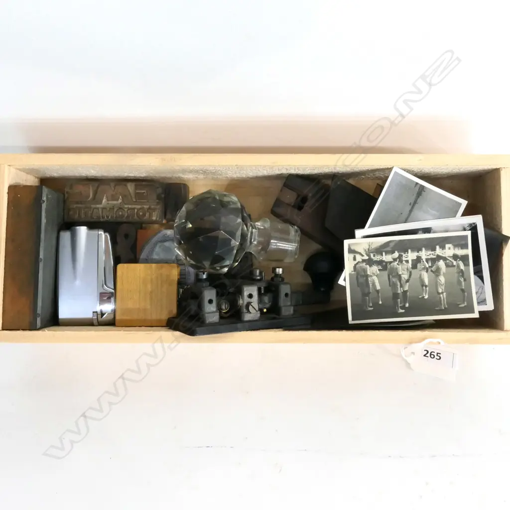 LOT - MORSE KEY, DECANTER STOPPER, PRINTING BLOCKS, AIR NZ LIGHTER, ETC. Image 1++