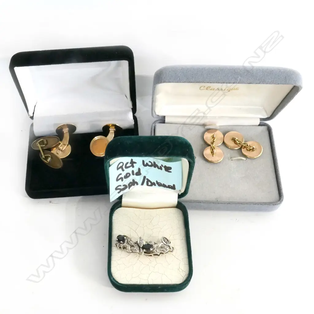 9ct W/GOLD & SAPPHIRE EARRINGS, PR 14ct GOLD CUFFLINKS (8.51gm)  & PR 9ct GOLD CUFFLINKS (7.34gm) Image 1++