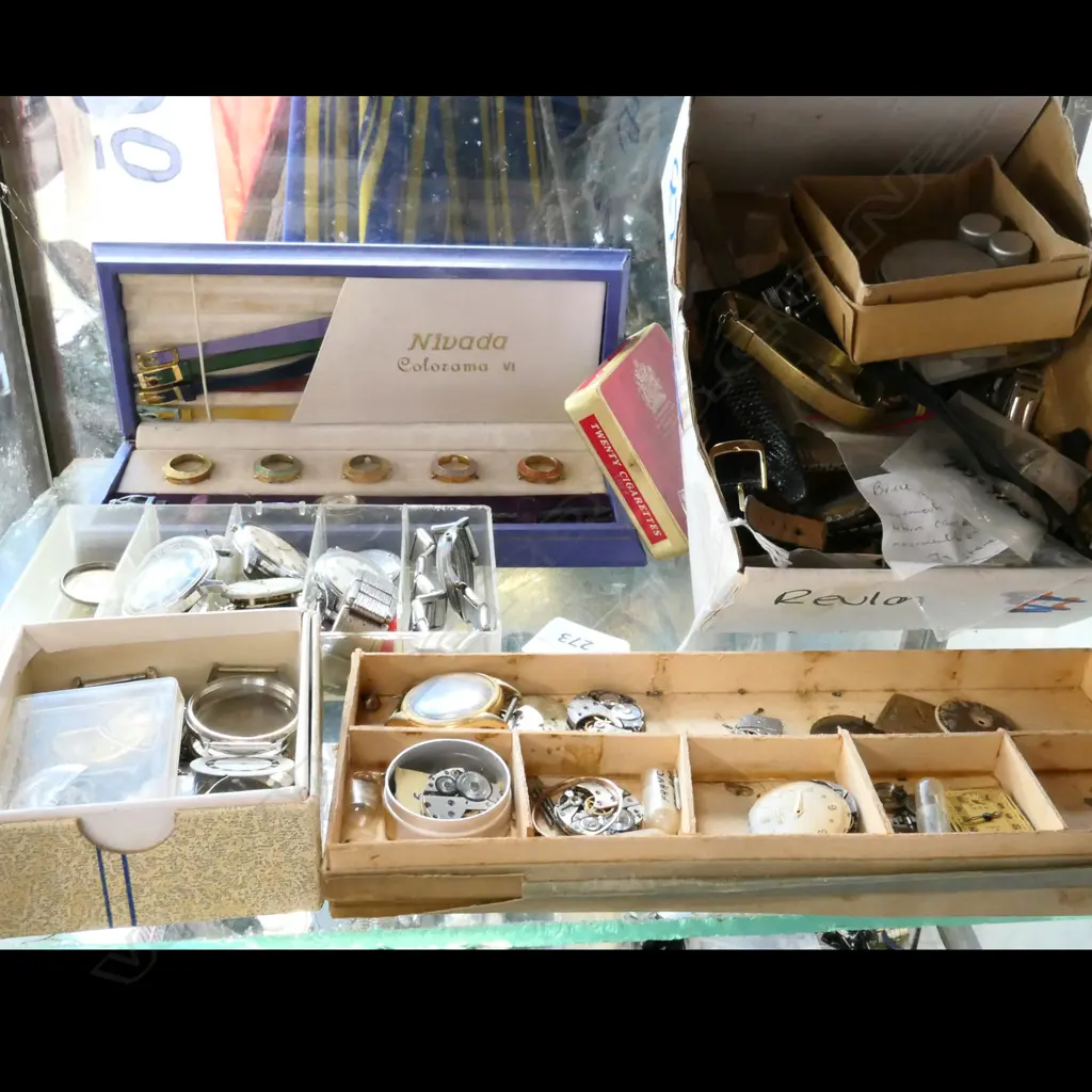 ASST WATCH PARTS & MOVEMENTS, PLUS NIVARDA COLORAMA WATCH BOXED Image 1++