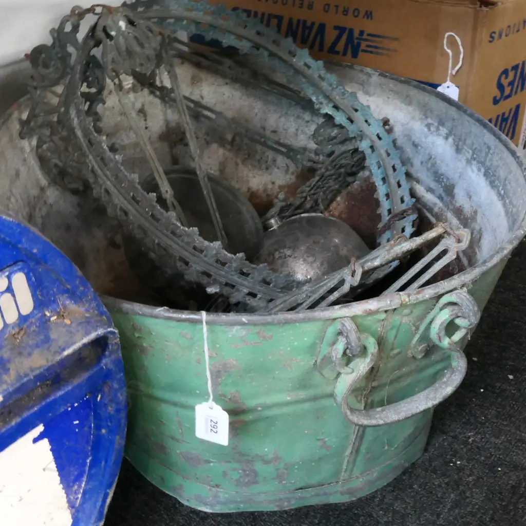 HANGING KERO LAMP (IN PARTS) & GALVANIZED IRON, GREEN PAINTED TUB Image 1++