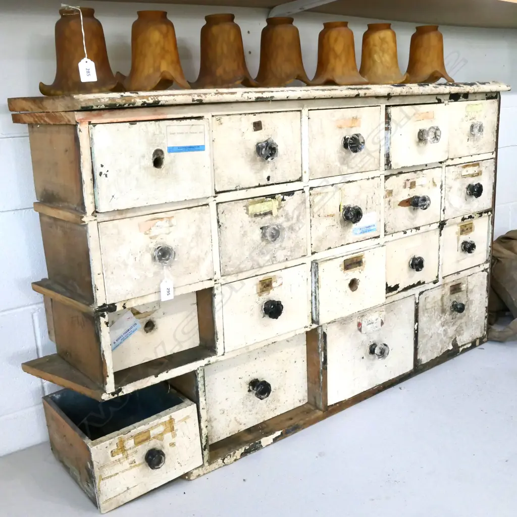 DISTRESSED PAINTED DRAWERS & FRAME FROM A VICTORIAN CHEMIST'S 'DRUG RUN' (CHEST) W.1080mm Image 1++