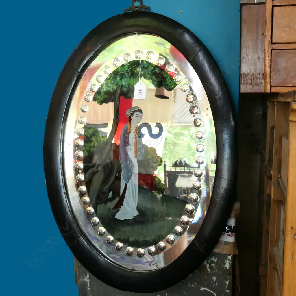 ANTIQUE CHINESE REVERSE PAINTED OVAL MIRROR w BULLSEYE CUT BORDER. H.580mm Image 1++
