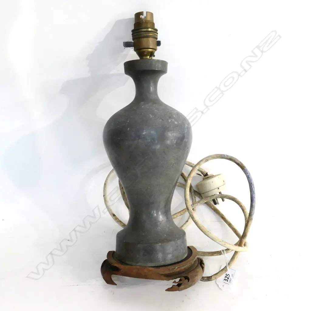 CHINESE PEWTER LAMP BASE, ENGRAVED w CALLIGRAPHY . AF. H.340mm Image 1++