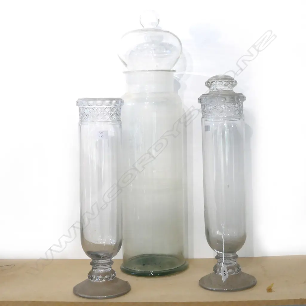 PR PHARMACIST'S TALL GLASS SHOW VASES, ONE LID ABSENT, AND A SINGLE (RIM FAULTED). H610mm Image 1++