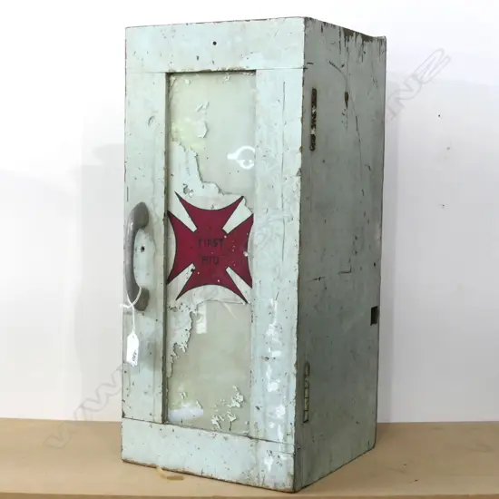 DISTRESSED PAINTED 'FIRST AID' CABINET. H.500mm