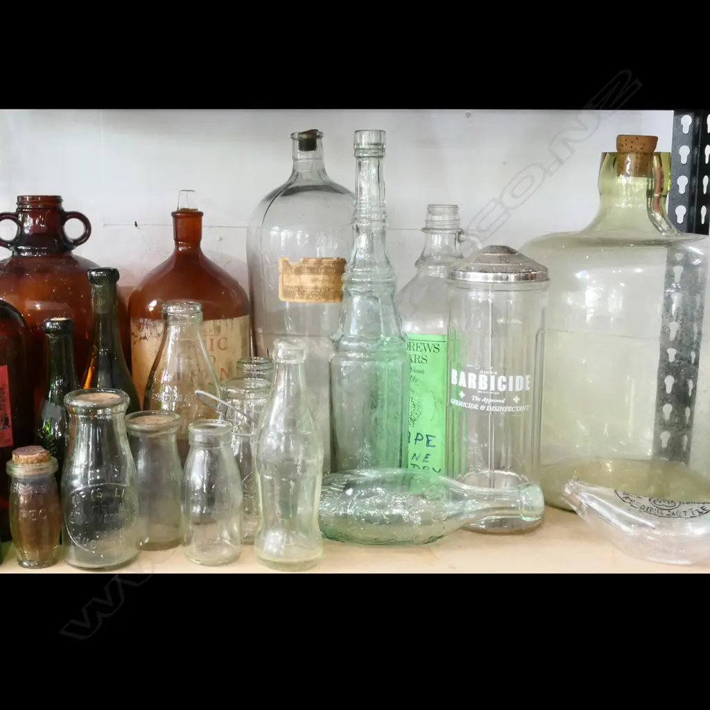 LGE QTY GLASS DEMIJOHNS, COKE BOTTLE & ASST VINTAGE BOTTLES Image 1++