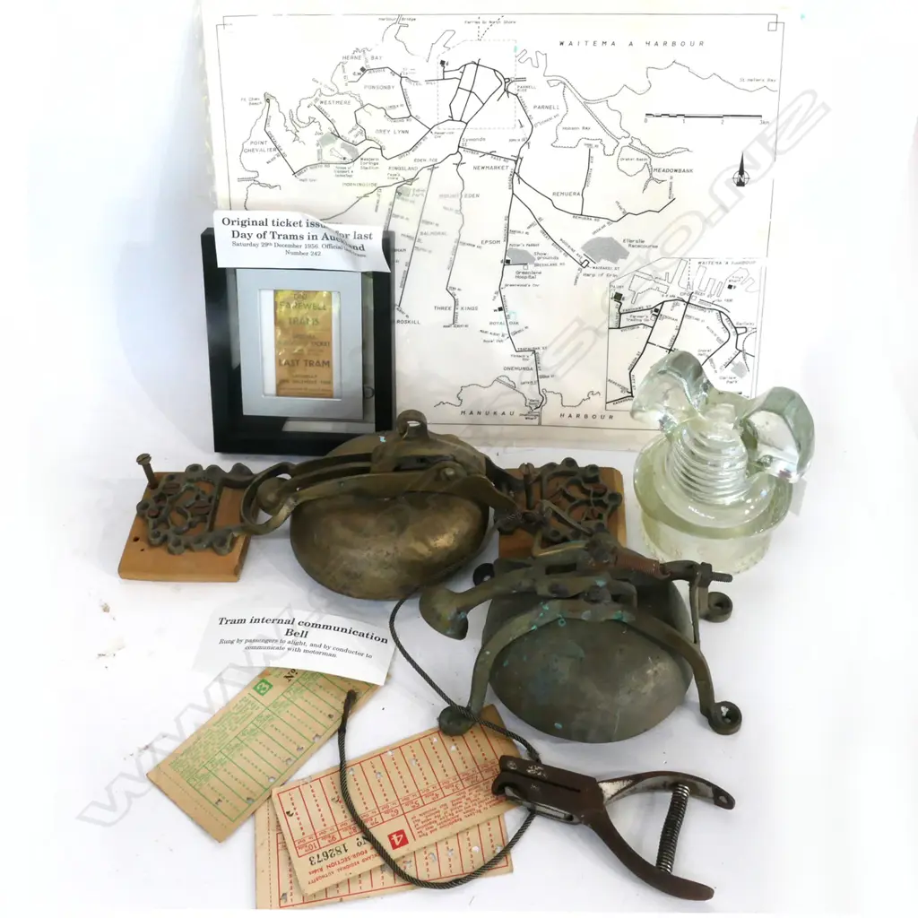 TRAM INTERNAL COMMUNICATOR BELL, GLASS INSULATOR, COMMEMORATIVE LAST TRAM TICKET, ETC. Image 1++