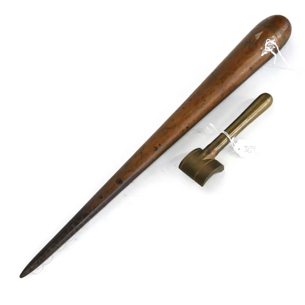 SAILOR'S LARGE WOODEN FID L.460mm & SAIL MAKERS PARCELLING TOOL, BRONZE “WY” Image 1++