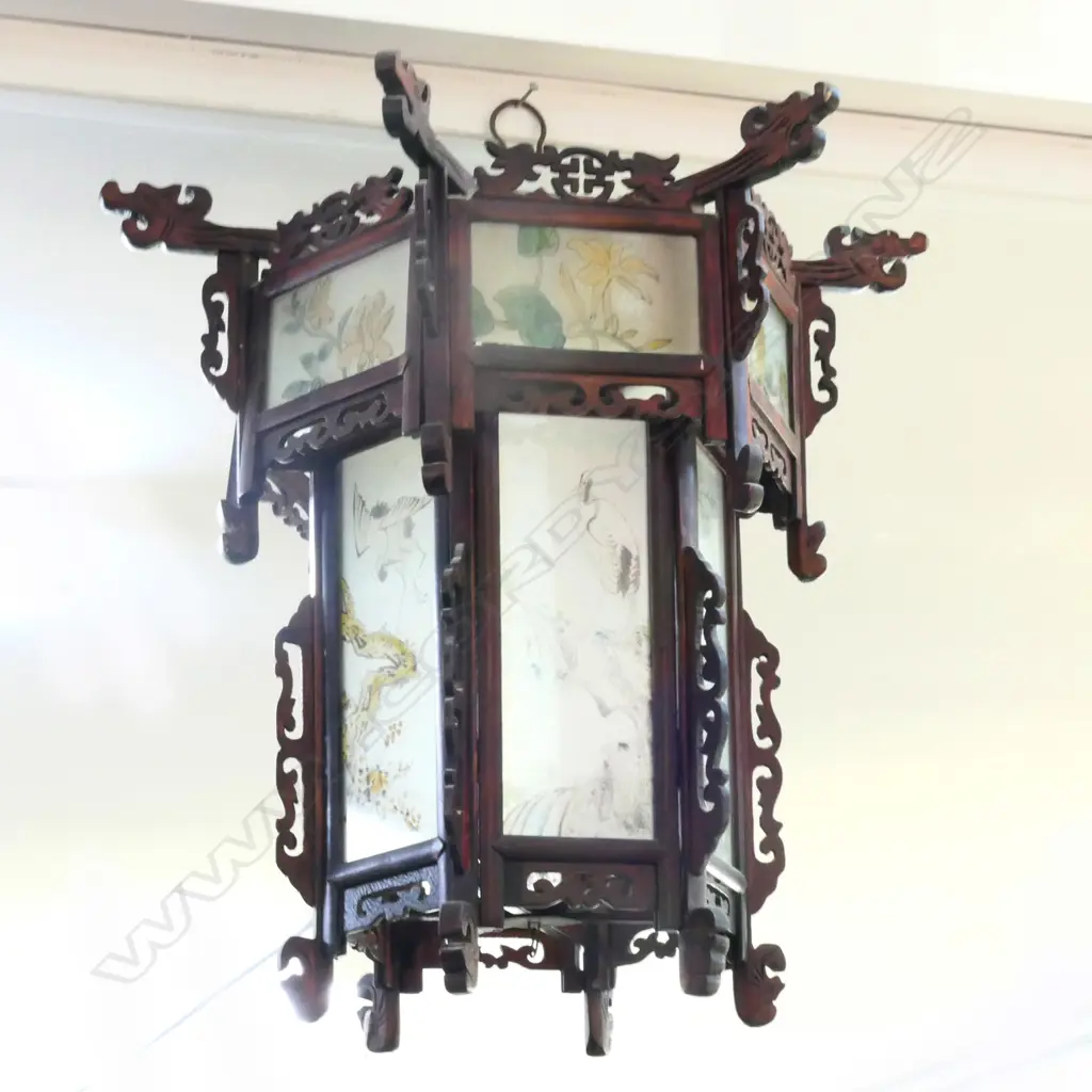 CHINESE HEXAGONAL HANGING LANTERN, WOOD FRAME PAINTED GLASS. H.510mm Image 1++