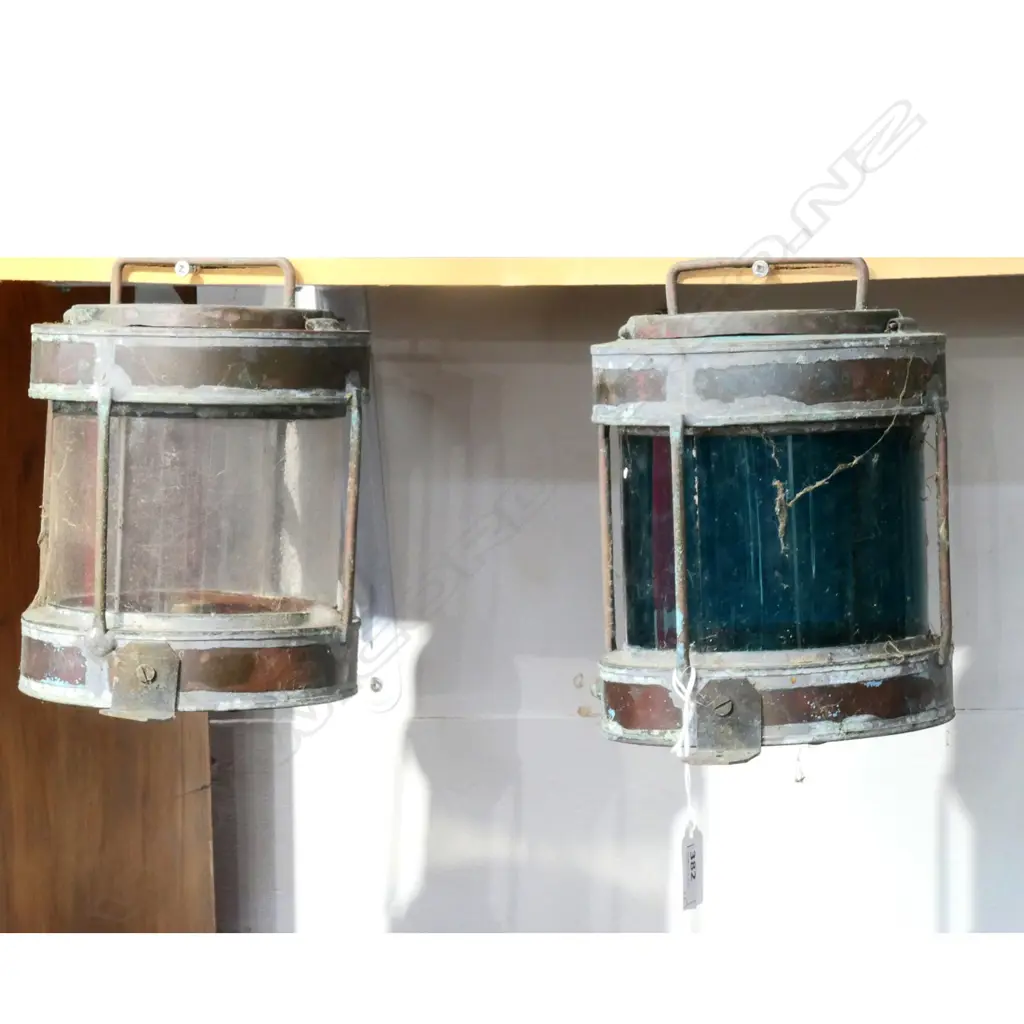 PAIR COPPER SHIP LAMPS. “ANCHOR AND TRAWLING. MADE BY G. GILLARD, AUCKLAND.” H.220mm Image 1++