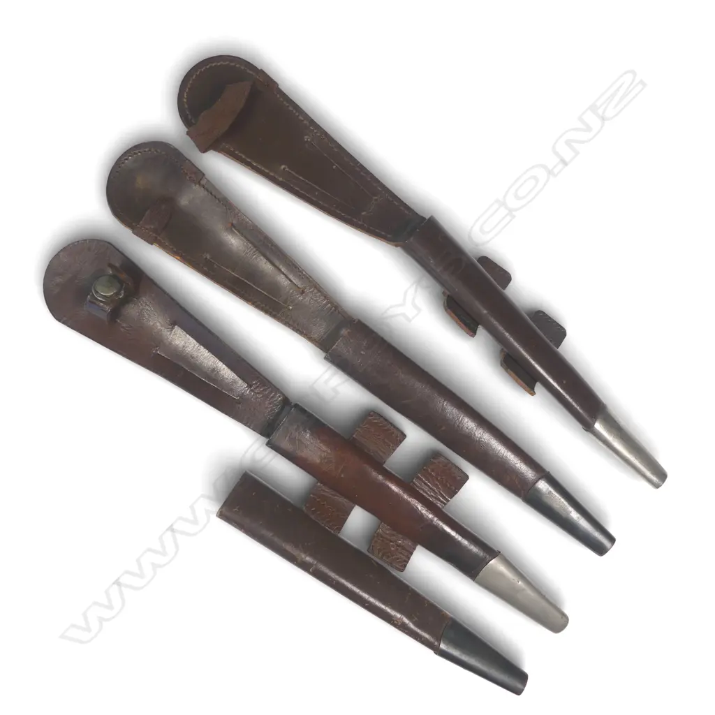 Three Fairbairn Sykes Knife Sheaths from early period knives and a partial sheath without frog section Image 1++