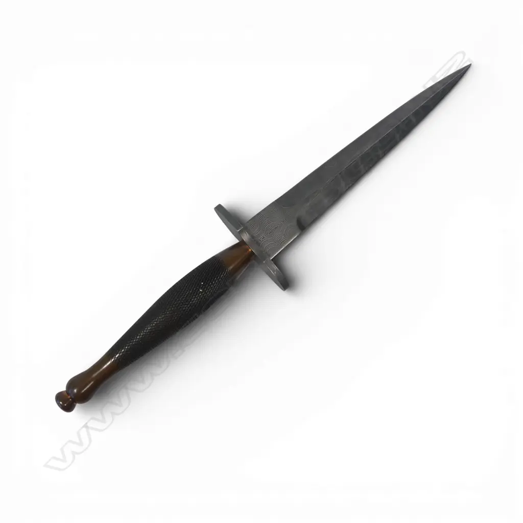 Replica Fairbairn-Sykes 1st Pattern Fighting Knife by Peter Parkinson NZ with Damascus blade and crossguard, Image 1++