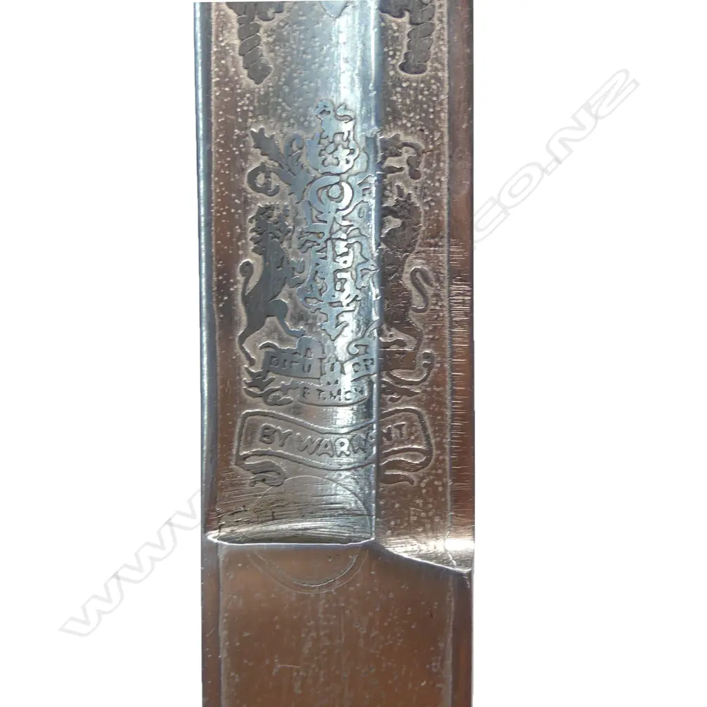 1827 Patt. British Naval Officers Sword by Henry Wilkinson, London, c.1901. 31 ½" slightly curved, flat-back spear-point blade with profuse engraving. Image 1++