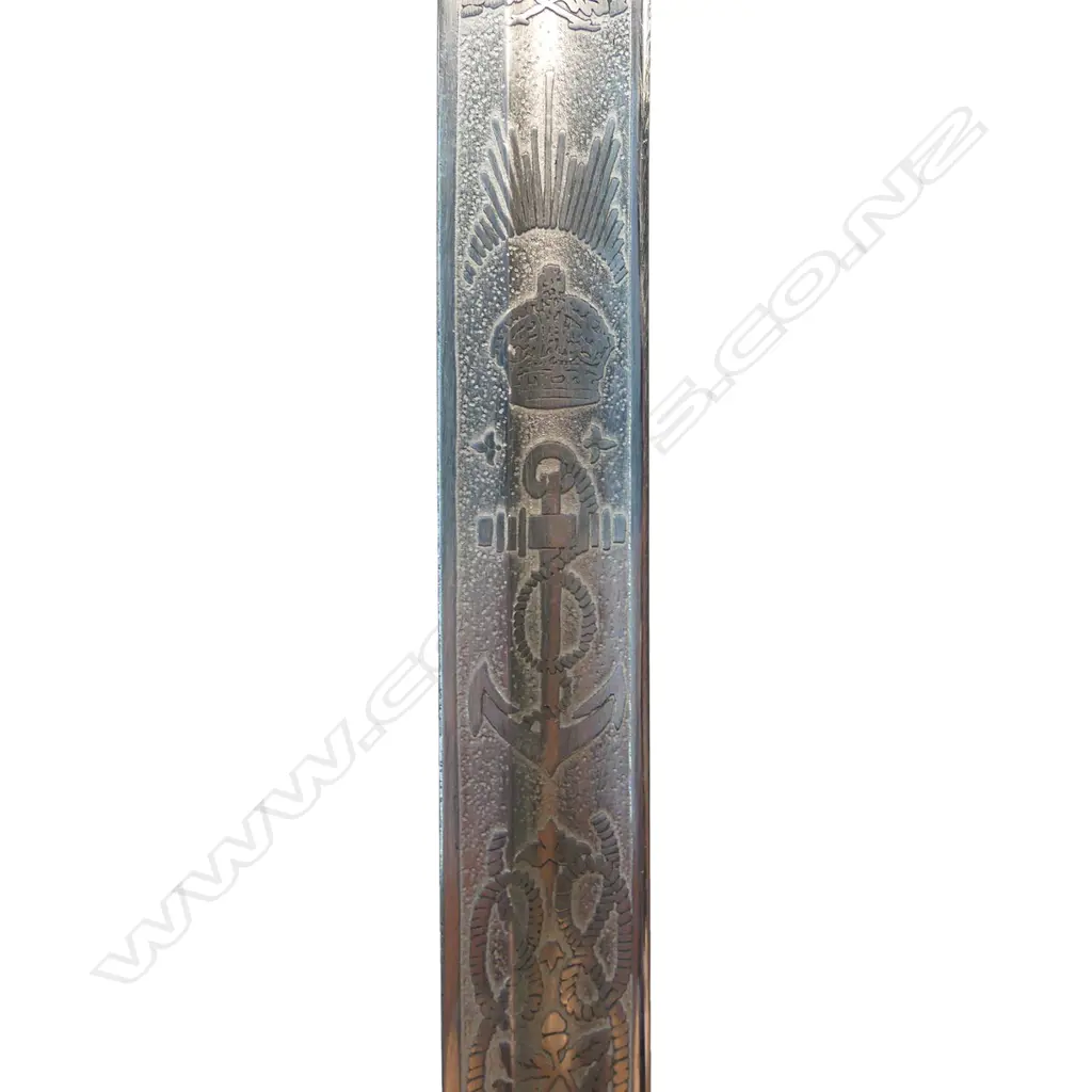 1827 Patt. British Naval Officers Sword by Henry Wilkinson, London, c.1901. 31 ½" slightly curved, flat-back spear-point blade with profuse engraving. Image 1++