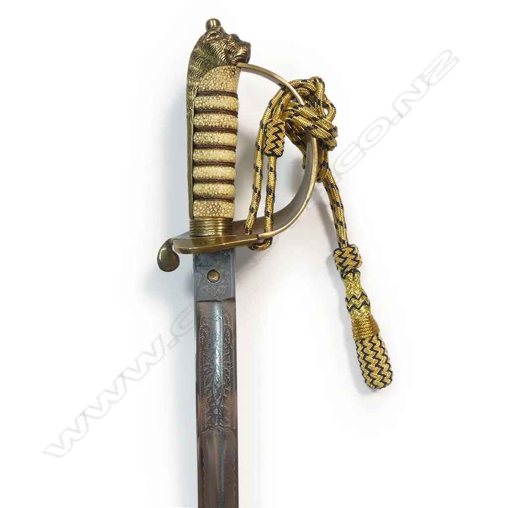 1827 Patt. British Naval Officers Sword by Henry Wilkinson, London, c.1901. 31 ½" slightly curved, flat-back spear-point blade with profuse engraving. Image 1++