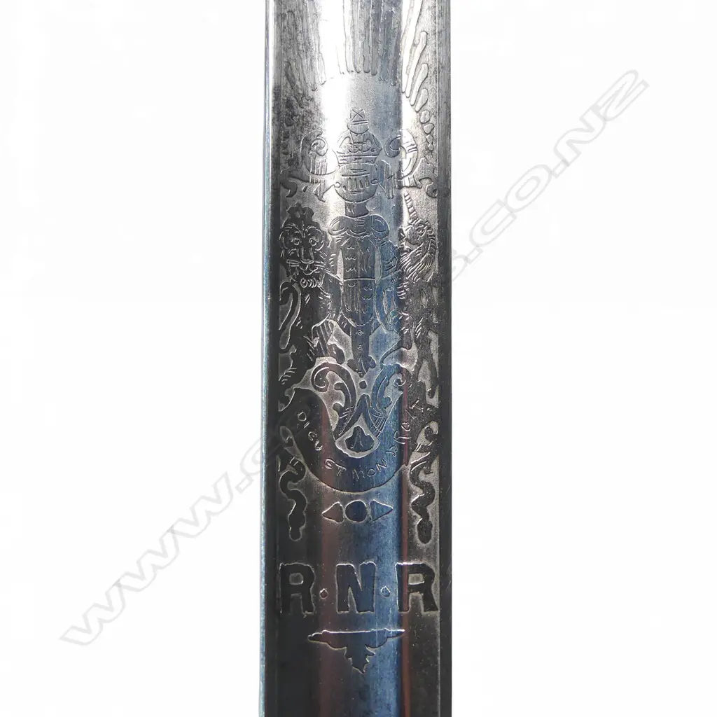 Royal Naval Reserve 1827 Pattern Officers Sword, 32 ½" narrow flat-back blade etched on the ricasso 'Gieves, Portsmouth, London, Edinburgh & Devonport'. Inset proof disc 'P'. Image 1++