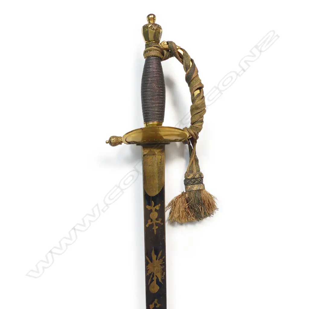1796 Pattern Infantry Officers Sword, 31" gilded and blued blade with folding shell guard, by 'Woolley & Deakin' c.1800 Image 1++