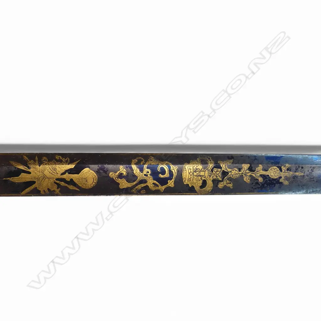 1796 Pattern Infantry Officers Sword, 31" gilded and blued blade with folding shell guard, by 'Woolley & Deakin' c.1800 Image 1++