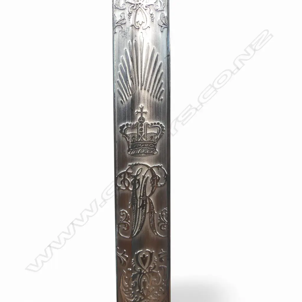 Pattern 1845–1850 Infantry Officer’s Sword. c.1860, 32 ½" blade  nicely etched with crowned Victoria R cypher and proof disc (possibly that of Frederick Boreman) Image 1++