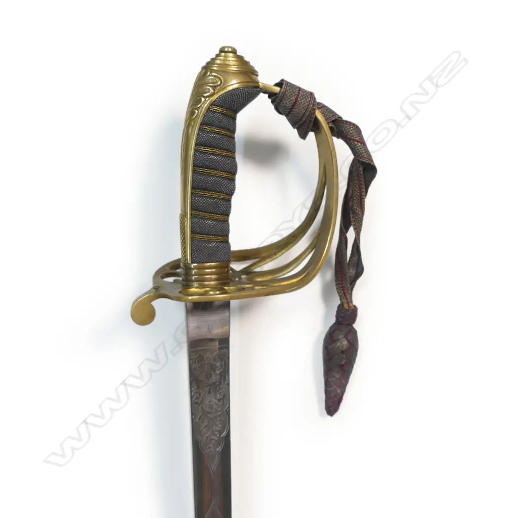 Pattern 1845–1850 Infantry Officer’s Sword. c.1860, 32 ½" blade  nicely etched with crowned Victoria R cypher and proof disc (possibly that of Frederick Boreman) Image 1++