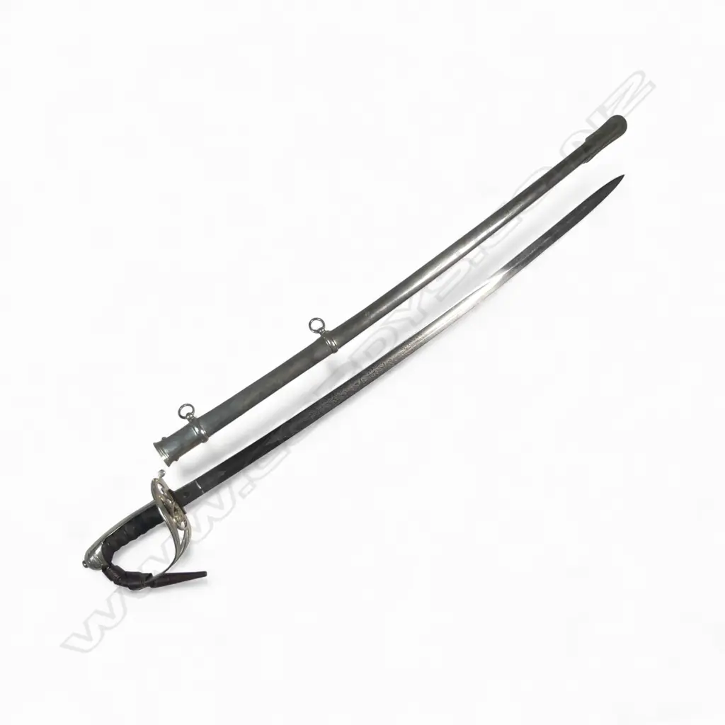 1827 Pattern Australian Volunteer Rifle Officers Sword. 32"  slightly curved flat-back blade marked at the ricasso 'C.R. Martin Melbourne', late 19thC. Image 1++