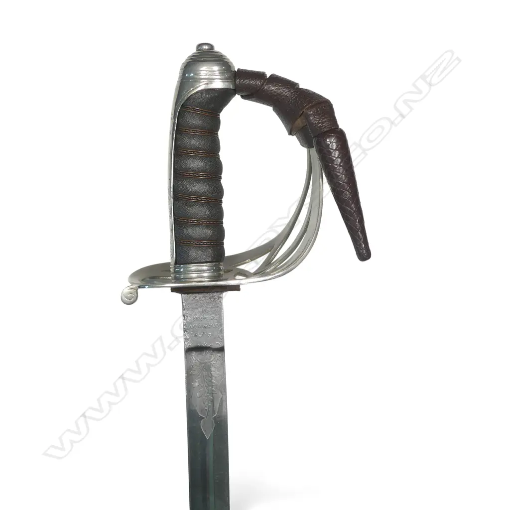 1827 Pattern Australian Volunteer Rifle Officers Sword. 32"  slightly curved flat-back blade marked at the ricasso 'C.R. Martin Melbourne', late 19thC. Image 1++