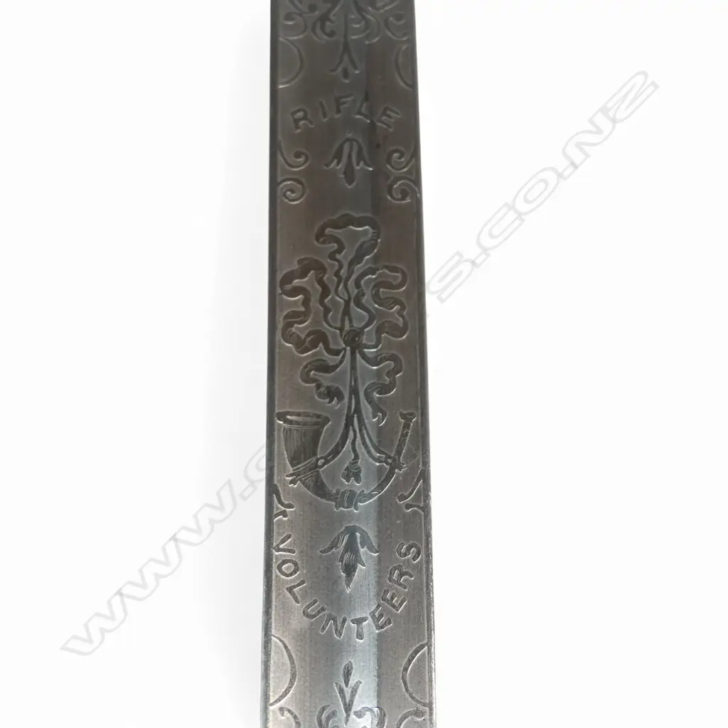 1827 Pattern Australian Volunteer Rifle Officers Sword. 32"  slightly curved flat-back blade marked at the ricasso 'C.R. Martin Melbourne', late 19thC. Image 1++