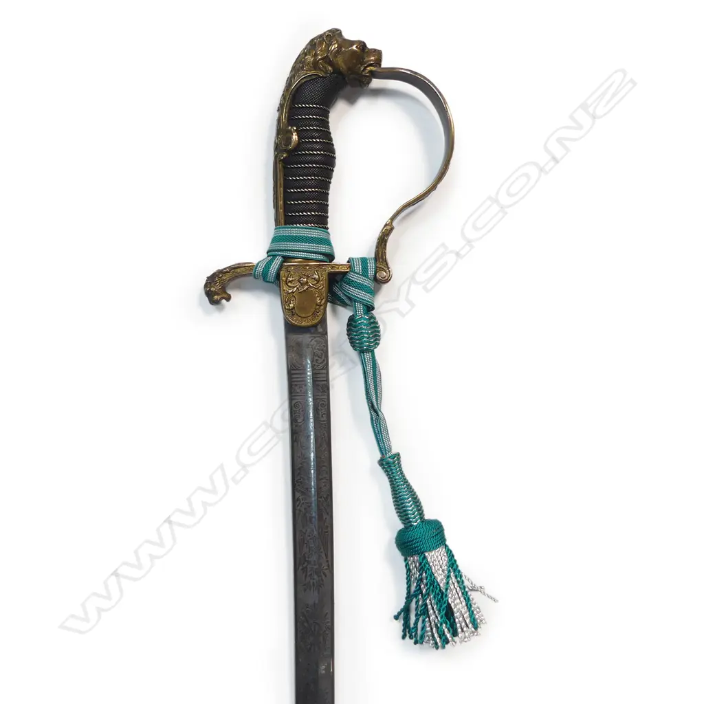 Pattern 1888 Prussian Officers Sword c.1912. 32" slightly curved flat-back blade with single fullers, profusely etched both sides with military trophy groups. Image 1++